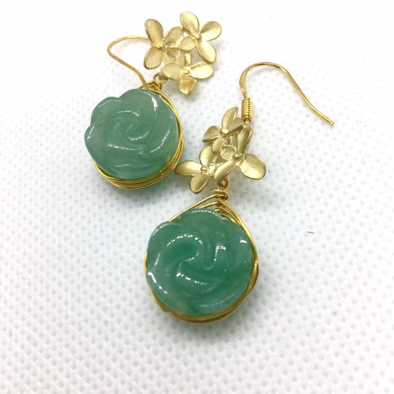 Golden and Green Earrings Gemstone roses dangles flower earrings Easter St Patrick Day Green Aventurine Earrings