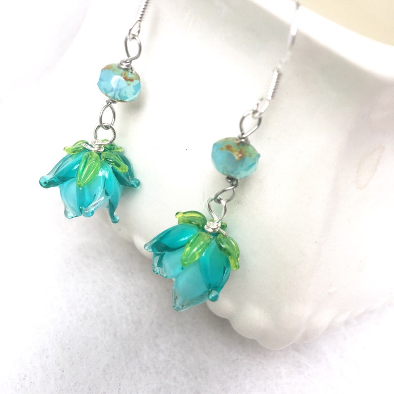 Lampwork Bell Flower Dangles Nature Jewelry Aqua Turquoise Flower Earrings Gift for Her