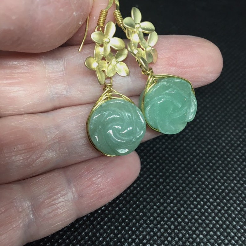 Golden and Green Earrings Gemstone roses dangles flower earrings Easter St Patrick Day Green Aventurine Earrings