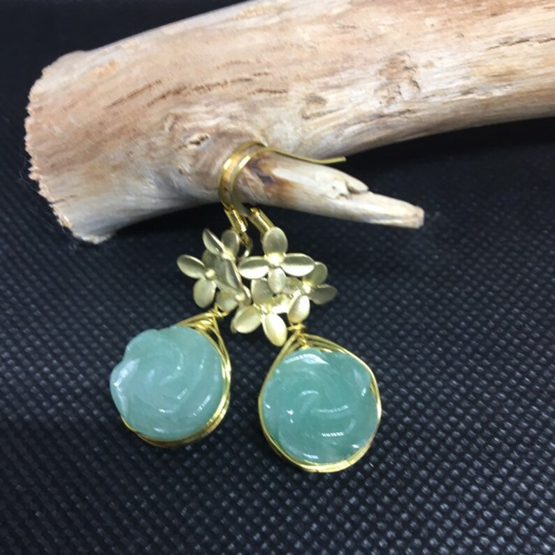 Golden and Green Earrings Gemstone roses dangles flower earrings Easter St Patrick Day Green Aventurine Earrings