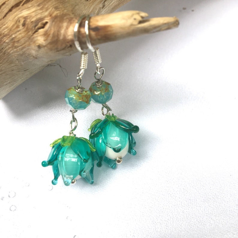 Lampwork Bell Flower Dangles Nature Jewelry Aqua Turquoise Flower Earrings Gift for Her