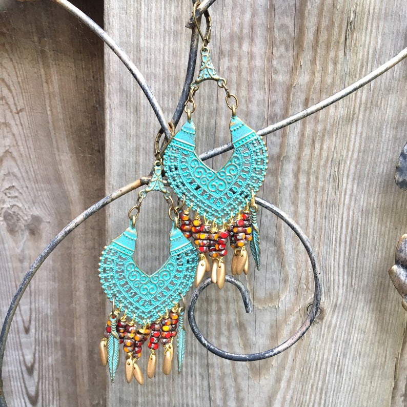 Large Gypsy Earrings\\ Exotic Boho Chic Jewelry \\ Turquoise Green Chandeliers \\ Colorful Gypsy Earrings \\Gift for her\\