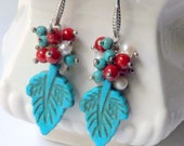 Turquoise Leaf  Earrings,Coral Cluster Long Colorful Earrings  Bohemian Earrings, Dangle Earrings