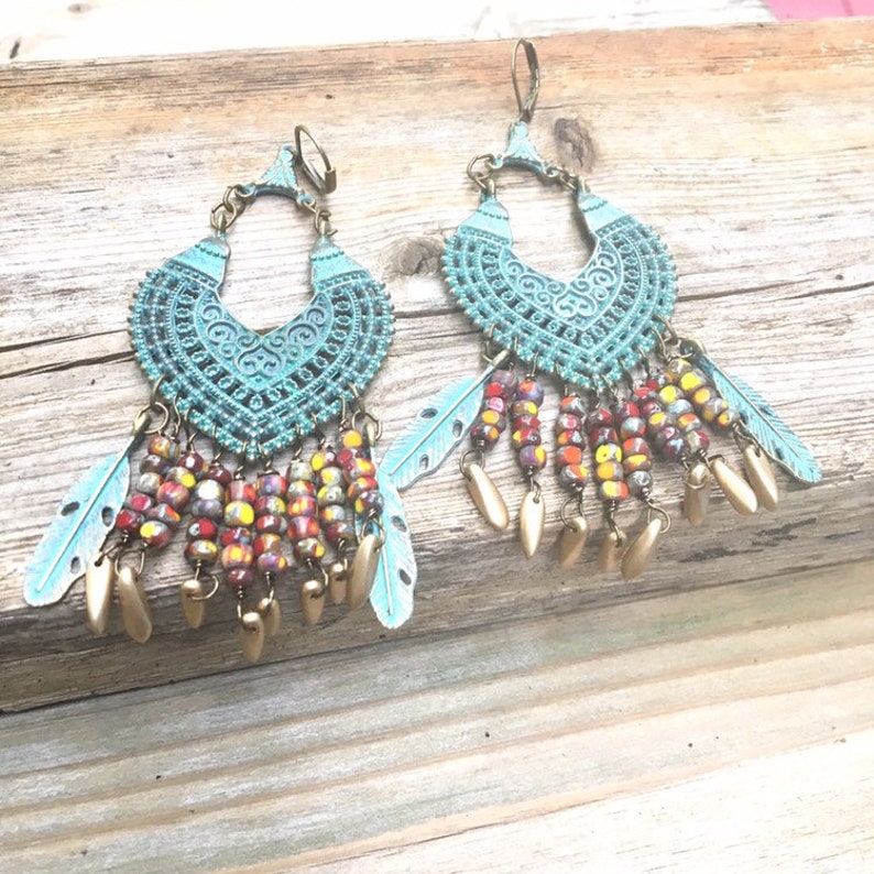 Large Gypsy Earrings\\ Exotic Boho Chic Jewelry \\ Turquoise Green Chandeliers \\ Colorful Gypsy Earrings \\Gift for her\\