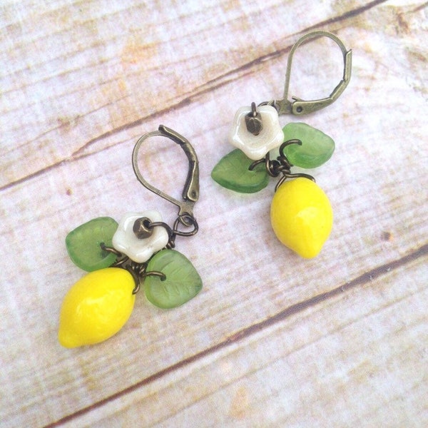 Yellow Lemon Earrings  Dangles with leaves and a flower ,Czech Glass Earrings Retro Style Jewelry