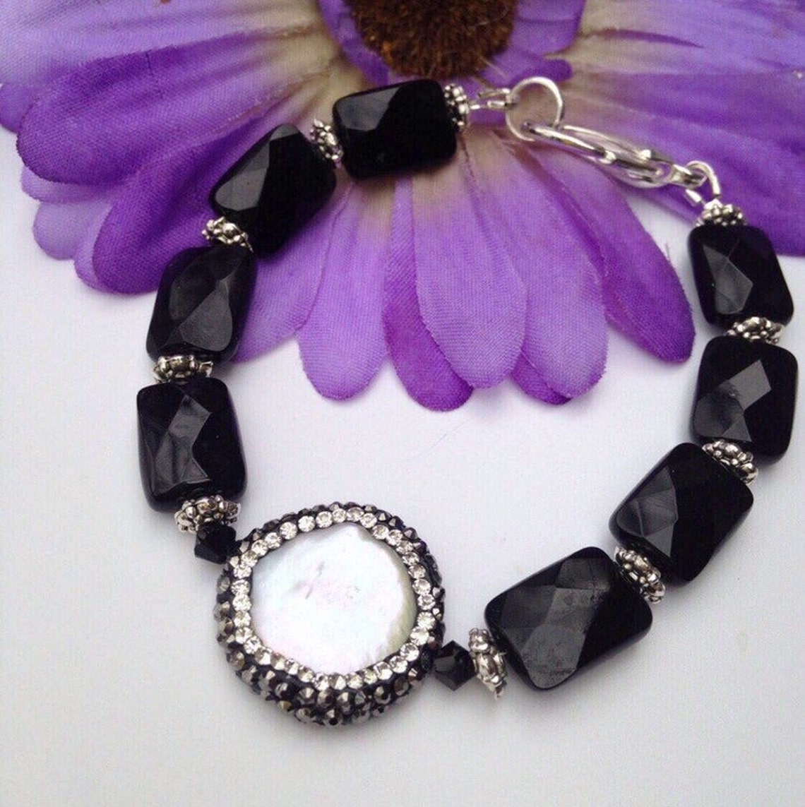 Black Onyx Silver Bracelet Crystal Paved White Pearl Etsy Canada
