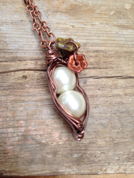Items similar to Pea Pod Necklace,Copper and Pearl Necklace,Wire