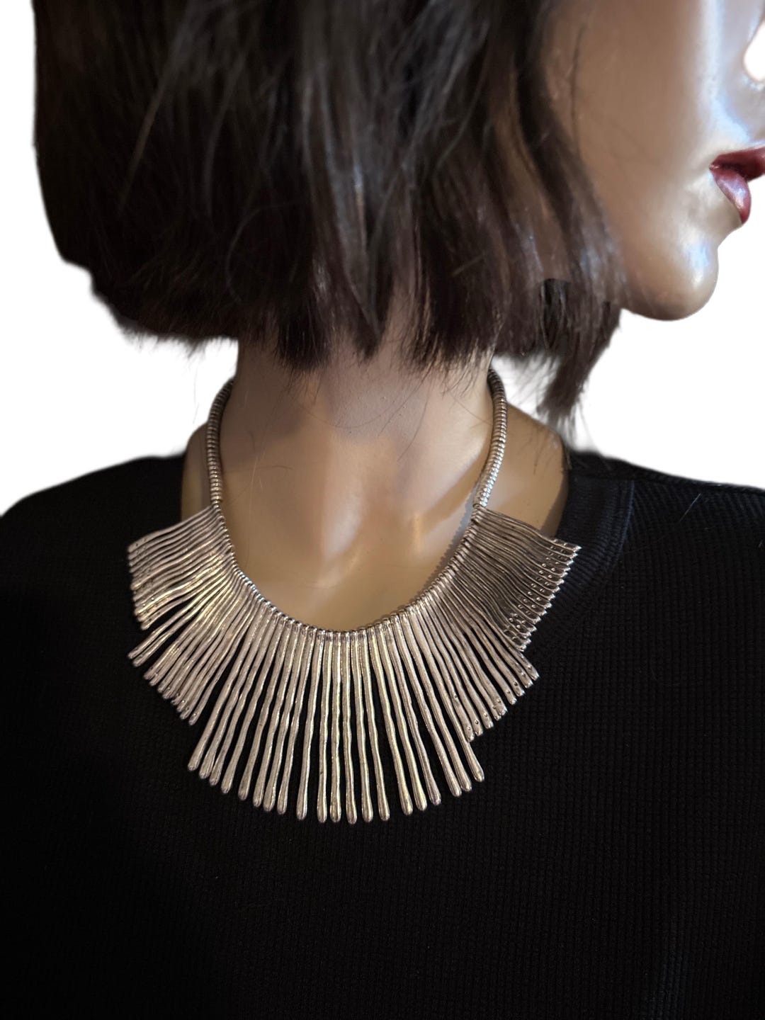 Erica Lyons Silver Tone Fringe Bib Necklace Adjustable 14”–17