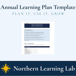 Könnte beinhalten: Eine digitale Vorlage mit dem Titel "Annual Learning Plan Template" und dem Slogan "Plan It. Use It. Grow." Das Dokument wird auf hellblauem Hintergrund mit dem Logo Northern Learning Lab unten angezeigt.