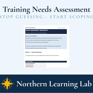 Pode incluir: Gráfico azul claro com o texto "Training Needs Assessment" e "STOP GUESSING - START SCOPING". A imagem inclui uma folha de trabalho intitulada "NEEDS ASSESSMENT WORKSHEET" e o logotipo de "Northern Learning Lab".
