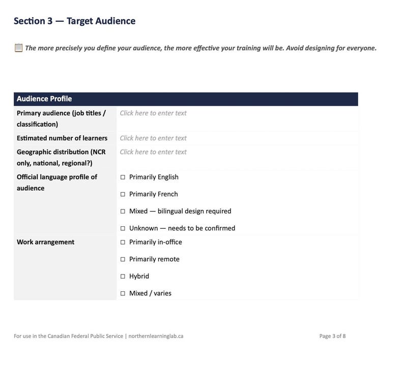 Training Needs Assessment Worksheet | L&D Template | Canadian Federal ...