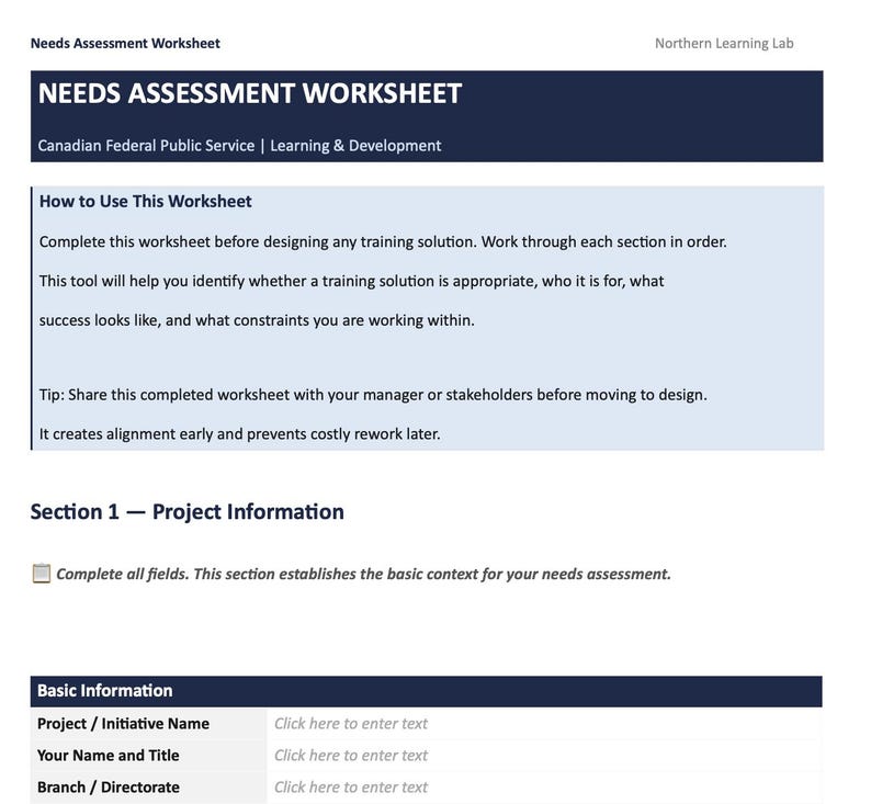 Training Needs Assessment Worksheet | L&D Template | Canadian Federal ...