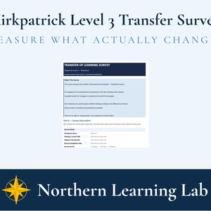 以下が含まれることがあります： 「Kirkpatrick Level 3 Transfer Survey」と「Measure What Actually Changed」というテキストが入った水色のグラフィック。 「Transfer of Learning Survey」というタイトルのドキュメントも表示されています。 Northern Learning Labのロゴが下にあります。