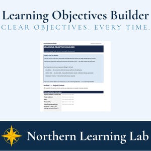 Könnte beinhalten: Ein Dokument mit dem Titel „Learning Objectives Builder“ mit dem Text „CLEAR OBJECTIVES. EVERY TIME.“ Das Dokument enthält Abschnitte zur Verwendung des Builders und zum Projektkontext. Das Logo von Northern Learning Lab befindet sich unten.