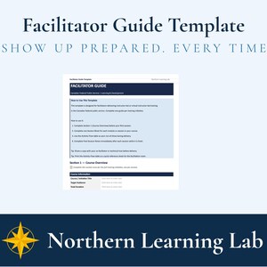 Könnte beinhalten: Eine Facilitator Guide Vorlage mit dem Text "SHOW UP PREPARED. EVERY TIME." Der Leitfaden ist ein Dokument mit blauem und weißem Design. Das Logo von Northern Learning Lab befindet sich unten.