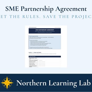 May include: A document titled "SME Partnership Agreement" with the text "SET THE RULES. SAVE THE PROJECT." The document includes sections on project information and parties. The Northern Learning Lab logo is at the bottom.