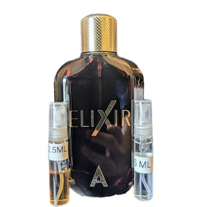 May include: A dark brown perfume bottle with a gold cap and the word "ELIXIR" in gold lettering. Two smaller spray bottles, labeled 2.5ML and 5 ML, are in front of the perfume bottle. The word "Atralia" is at the bottom.