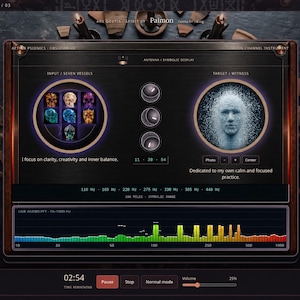May include: A digital radionic instrument interface featuring a dark control panel with a seven-vessel input display, a target witness portrait, three circular knobs, and a frequency spectrum analyzer. Text includes "RADIONIC INSTRUMENT / 03" and "I focus on clarity, creativity and inner balance."