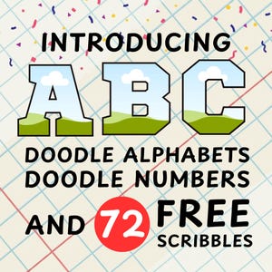 Könnte beinhalten: Ein farbenfrohes Grafikdesign mit dem Text "INTRODUCING ABC" in fetter Schrift, mit einer Landschaft in den Buchstaben. Darunter steht "DOODLE ALPHABETS DOODLE NUMBERS AND 72 FREE SCRIBBLES" auf einem karierten Hintergrund.