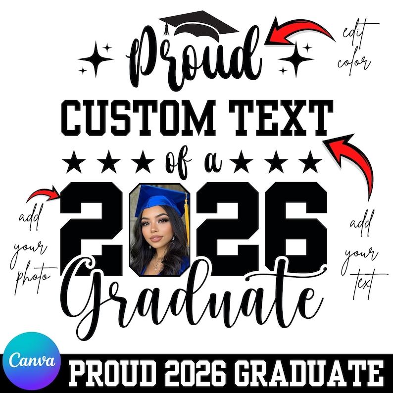 Puede incluir: Un dise&ntilde;o gr&aacute;fico blanco para un graduado de 2026. El dise&ntilde;o incluye las palabras "Proud", "Custom Text" y "Graduate" en negro. Presenta una foto de una persona con un gorro de graduaci&oacute;n, con flechas que indican d&oacute;nde agregar una foto y texto.