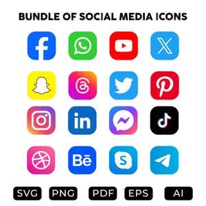 May include: A collection of colorful social media icons, including Facebook, WhatsApp, YouTube, and Twitter, arranged in a grid. The image also includes file type icons such as SVG, PNG, PDF, EPS, and AI. The text "BUNDLE OF SOCIAL MEDIA ICONS" is at the top.