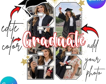 Plantilla editable de Canva para fotos de graduados de 2026, plantilla de Canva personalizable para agregar foto en Numbers, foto personalizada de graduados de 2026.