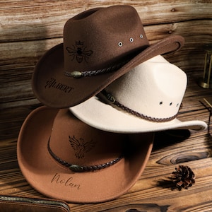 Anpassad cowboyhatt med bred brätte, bränd filt unisex hatt i Texas-stil, cowboyhatt för män med teckning