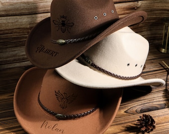 Custom Wide Brim Cowboy Hat, Burnt Felt Unisex Texas Style Hat, Mens Cowboy Hat With Drawing