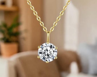 6-Prong Round Moissanite Necklace, D/VVS1 Brilliant Round Cut Moissanite Pendant, Classic Solid S925 Sterling Silver Jewelry
