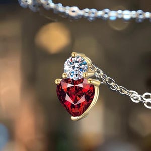 Pulled Czochralski Ruby Necklace | Lab-Grown Pigeon Blood Red Ruby | Heart Cut Pendant | Prong Set Two Stone | S925 Silver 14K Gold Plated