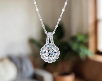 Cushion-Shape Halo Round Moissanite Necklace - 1/2/3CT D/VVS1 Brilliant Cut Moissanite Solitaire Pendant, Solid S925 Sterling Silver Jewelry