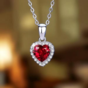 Può includere: Una collana color argento con un ciondolo a forma di cuore caratterizzato da una pietra centrale rossa sfaccettata. Il cuore è circondato da un alone di piccole pietre chiare e scintillanti. Il ciondolo pende da una sottile catenina argentata.