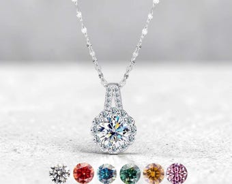 Round Brilliant Cut Moissanite Halo Pendant, D Color VVS1 Moissanite Solitaire Necklace, Solid S925 Sterling Silver Jewelry