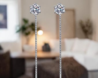 6-Prong Brilliant Moissanite Threader Earrings -Certified 1CT/2CT D/VVS1 Flawless Moissanite Pull-Through Dangle, Solid S925 Sterling Silver