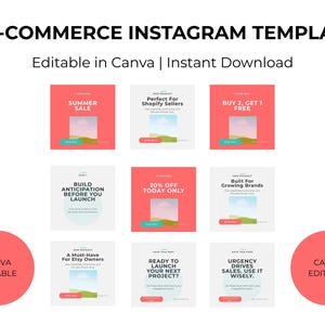 May include: A graphic featuring 70 e-commerce Instagram templates, editable in Canva. The design includes square templates with text like "Summer Sale" and "20% Off Today Only." Two red circles with "Canva Editable" are also present.