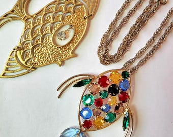 Vintage Julianna Crystal & Golden Articulated Fish Pendants