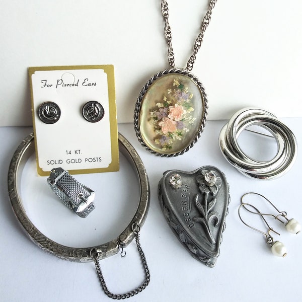 Vintage Jewelry Lot Cameo Pendant Brooch Bracelet Earrings Torino Pewter