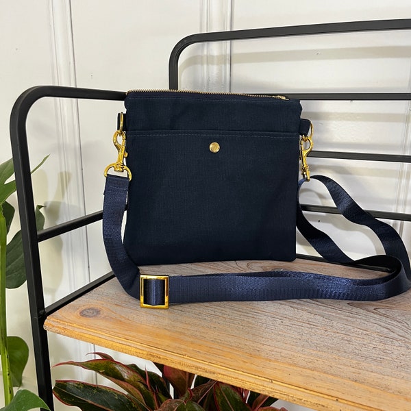 Blue Waxed Twill with Citron Interior Crosssbody Purse Shoulder Bag