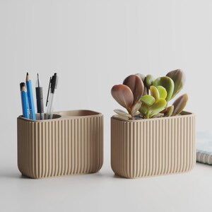 May include: Two beige ribbed desk organizers. One holds pencils and pens, the other contains a succulent plant with green and burgundy leaves. A notebook is partially visible in the background.