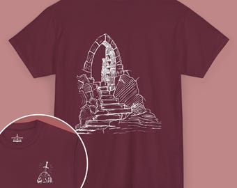 Sword in the stone Medieval Gothic T-Shirt - Sketch Castle Ruins Archway Graphic Tee (Back & Chest)