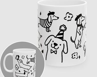Dachshund Doodle Ceramic Mug – Playful Black White Dog Pattern (11oz, 15oz)