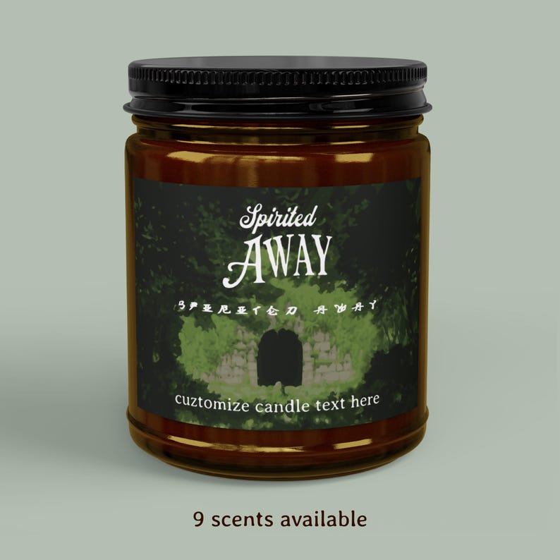 May include: A brown glass jar candle with a black lid. The label features the words "Spirited AWAY" in a decorative font, with additional text and a graphic of a stone archway. The bottom of the label reads "cuztomize candle text here" and "9 scents available."