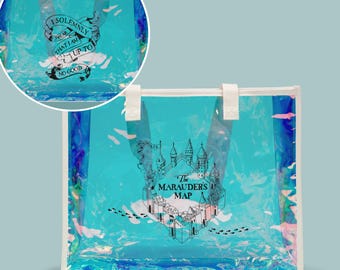 Marauder's Map Harry Potter Inspired Holographic Beach Tote Bag - Iridescent Clear Carryall (BLACK print)