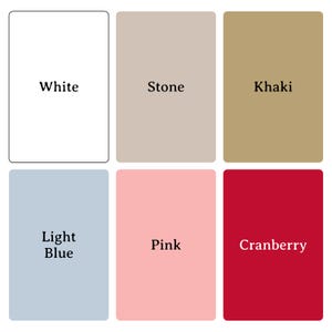 Pu&ograve; includere: Una tavolozza di colori con sei campioni rettangolari. I colori sono bianco, pietra, kaki, azzurro, rosa e mirtillo rosso. Ogni campione ha il nome del colore stampato in un carattere nero senza grazie.