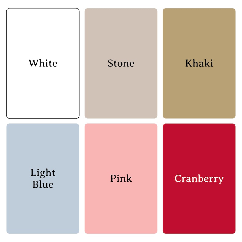 Pu&ograve; includere: Una tavolozza di colori con sei campioni rettangolari. I colori sono bianco, pietra, kaki, azzurro, rosa e mirtillo rosso. Ogni campione ha il nome del colore stampato in un carattere nero senza grazie.