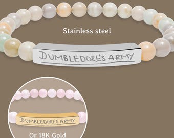 Harry Potter "Dumbledore's Army" Engraved Bar Natural Stone Bracelet - Stretch Beaded Bracelet