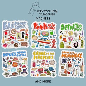 Op de afbeelding: Zes decoratieve magneten met thema's van Studio Ghibli-films: Kiki's Delivery Service, Ponyo, Spirited Away, Howl's Moving Castle, Grave of the Fireflies en Princess Mononoke, elk voorzien van diverse kleurrijke ge&iuml;llustreerde iconen.