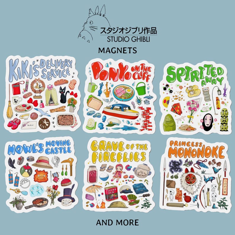 Op de afbeelding: Zes decoratieve magneten met thema's van Studio Ghibli-films: Kiki's Delivery Service, Ponyo, Spirited Away, Howl's Moving Castle, Grave of the Fireflies en Princess Mononoke, elk voorzien van diverse kleurrijke ge&iuml;llustreerde iconen.