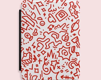 Doodle Pattern Kindle Case – Red & White Leather E-Reader Cover