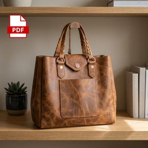 May include: A brown leather tote bag with a front pocket and braided handles. The bag features a decorative flap with a geometric pattern and copper-colored hardware. The brand name "AURA LEATHER GOODS" is visible on the front pocket.